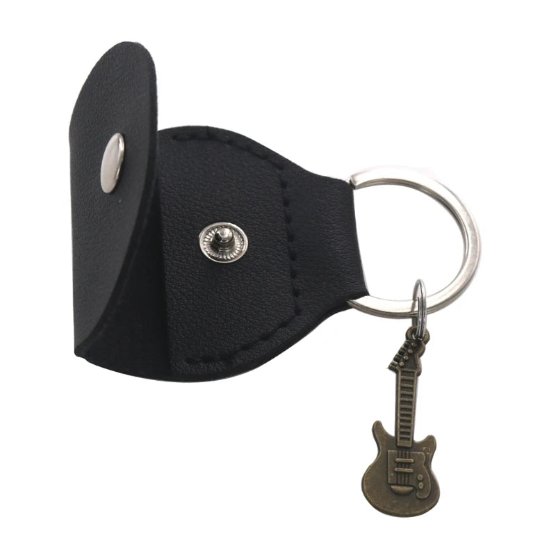 G92F Guitar Plectrum Holder — Leather Pick Case with Keychain & Small Pendant for Guitar Players