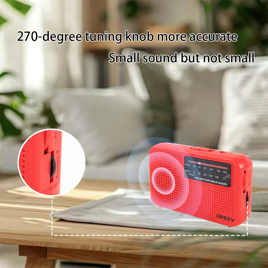 Mini FM/AM Two-Band Radio — 1W Loud Speaker with 3.5mm Headphone Jack & 180° High-Performance Antenna for Home Use
