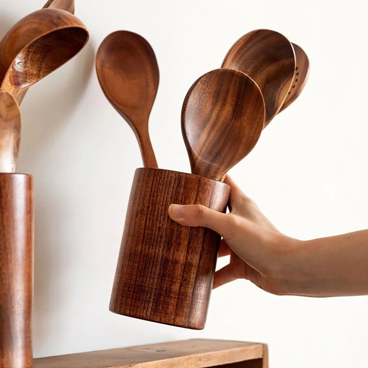Wood Kitchenware Cooking Set – Spatula, Salad Spoon, Fork & Stirring Spoons with Storage Bucket for Kitchen & Baking