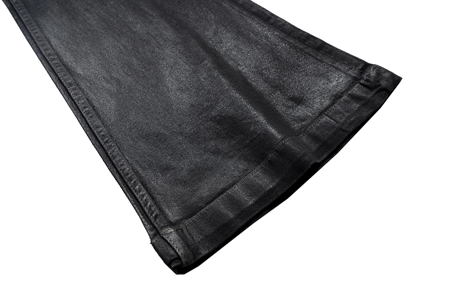 Men’s Streetwear Black Wax Leather Stretch Jeans — Baggy Y2K Flare Oversized Straight Denim Trousers