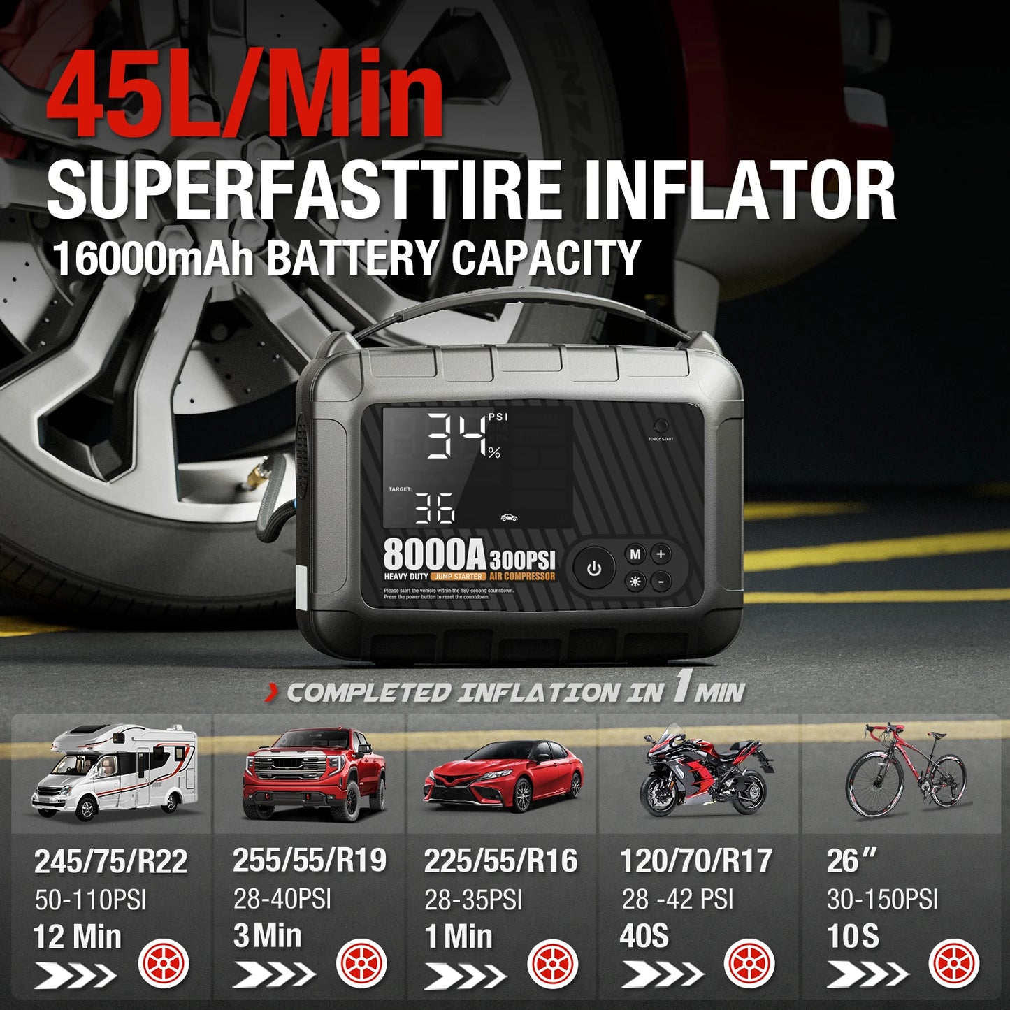 8000A Heavy Duty Car Jump Starter - 12V Powerful Battery Booster Starting Device for Vehicles