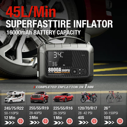 8000A Heavy Duty Car Jump Starter - 12V Powerful Battery Booster Starting Device for Vehicles
