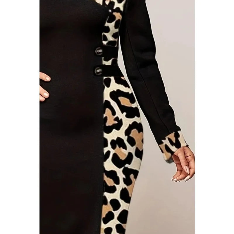 Plus Size Women’s Summer Leopard Patchwork Bodycon Dress – Long Sleeve Round Neck Fashion Dress
