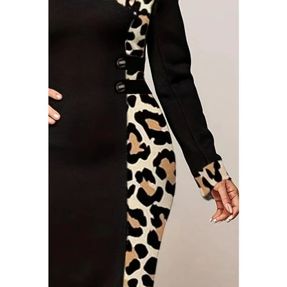 Plus Size Women’s Summer Leopard Patchwork Bodycon Dress – Long Sleeve Round Neck Fashion Dress