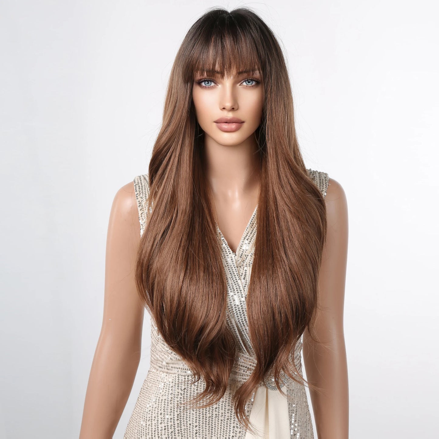 Ombre Honey Brown Long Synthetic Wig with Bangs — Wavy, Realistic, Soft, Heat-Resistant Hair for Daily & Party