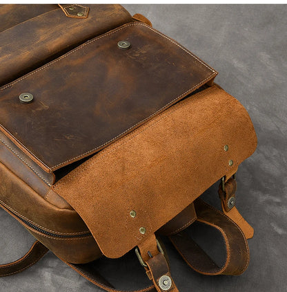 Vintage Crazy Horse Leather Backpack for Men — 17" Laptop Travel Rucksack Cowhide Hiking Bag M815