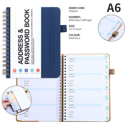 A6 Password Book with PP Coil – English Address & Password Organizer, Thick Horizontal Notebook for Office Use