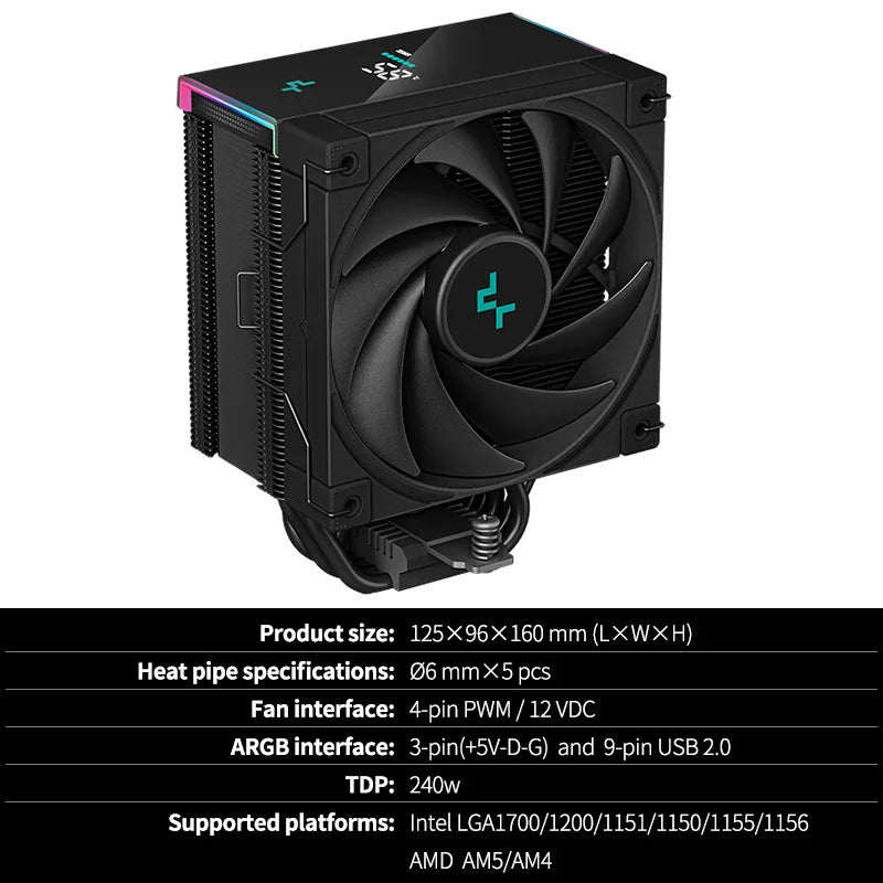 DeepCool AK500S CPU Cooler – Digital Display, 5 Heat Pipes, 240W TDP, 120mm FDB Silent Air Cooler Heatsink