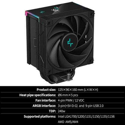 DEEPCOOL AK500S CPU Air Cooler – 5 Heat Pipes 240W TDP Silent Heatsink with 120mm FDB Fan & Digital Display Radiator Cooling System