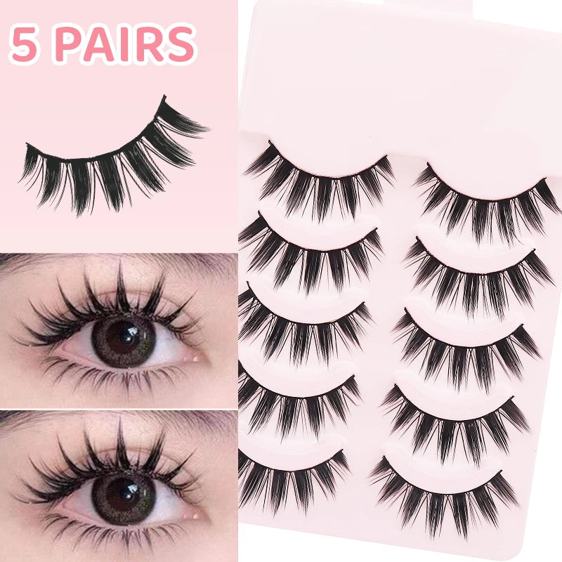 DINGSEN 5 Pairs Manga Style False Eyelashes — Soft, Natural, Long Anime Wispy Strip Lashes for Makeup