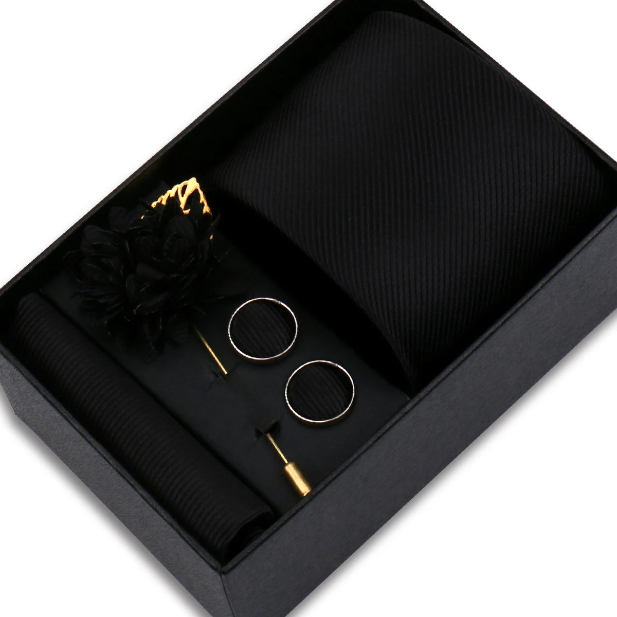 Men's Solid Color Tie Set - Jacquard Necktie, Hanky, Cufflinks & Brooch Gift Box for Weddings