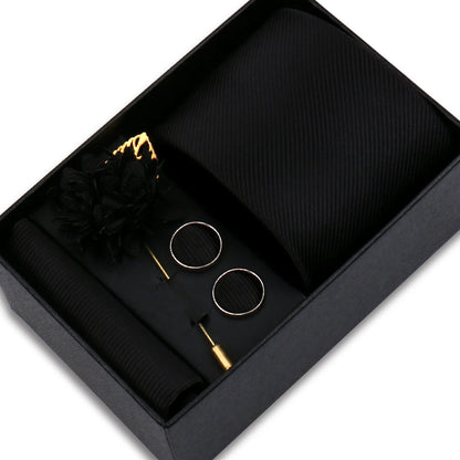 Men's Solid Color Tie Set - Jacquard Necktie, Hanky, Cufflinks & Brooch Gift Box for Weddings