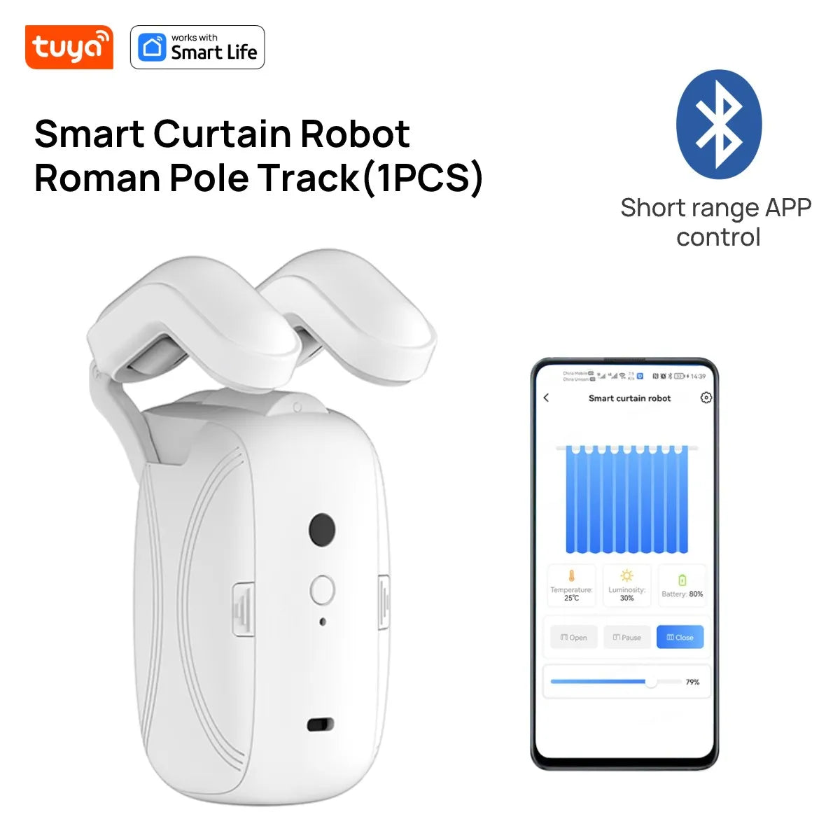 Tuya Smart Curtain Robot – Roman Rod Track with APP Control, Single/Double, Compatible with Tuya Gateway for Remote Control