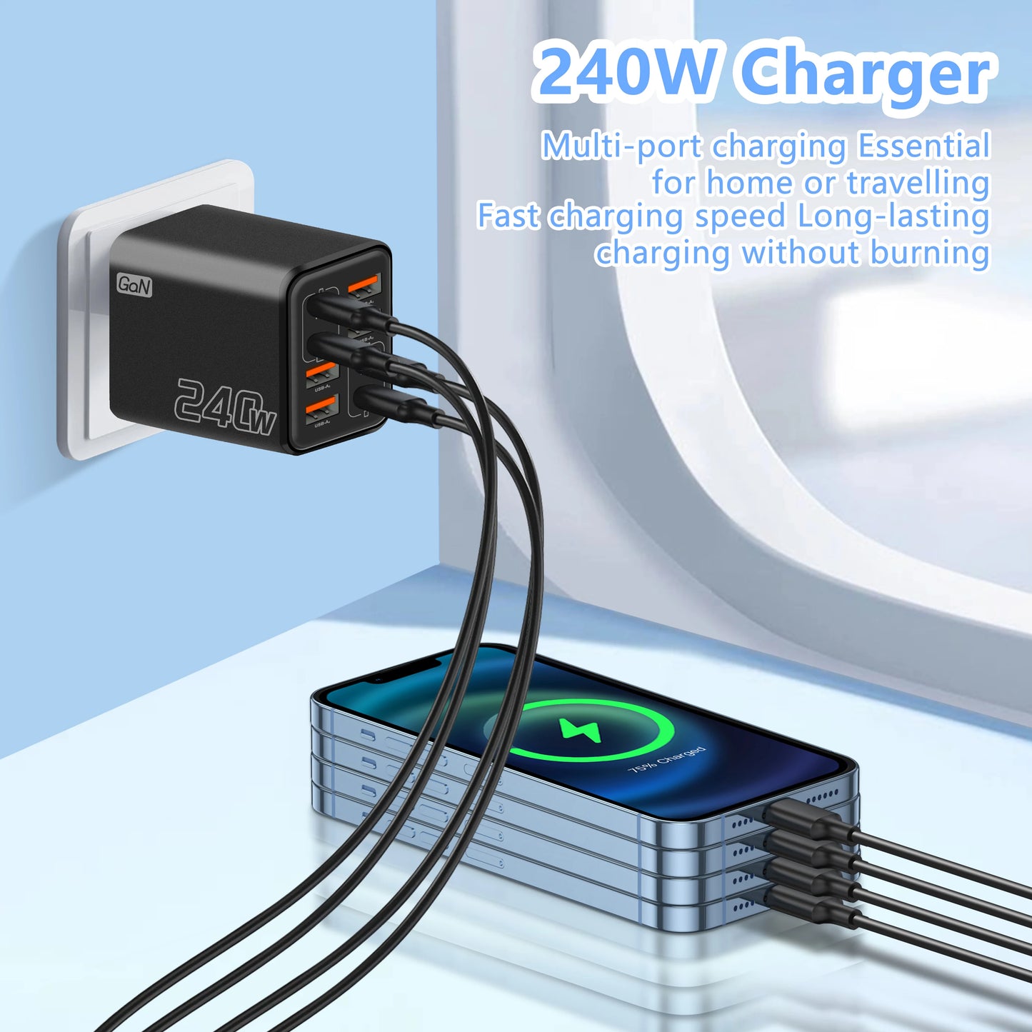 240W GaN USB C Charger - 8-in-1 Fast Charging Power Adapter for iPhone Samsung Xiaomi Devices