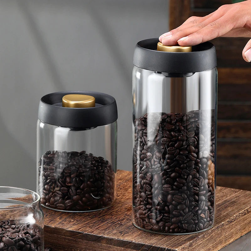 Vacuum Sealed Glass Coffee Bean Jar — Airtight, Moisture-Proof Household Container with Air Extraction for Fresh Coffee