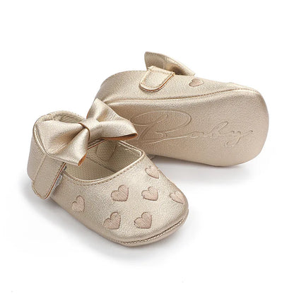 Baby Girls Shoes - Classic Dress Style with Cute Bow-Knot Heart, Anti-Slip Soft Sole First Walkers for Infants 0-18m