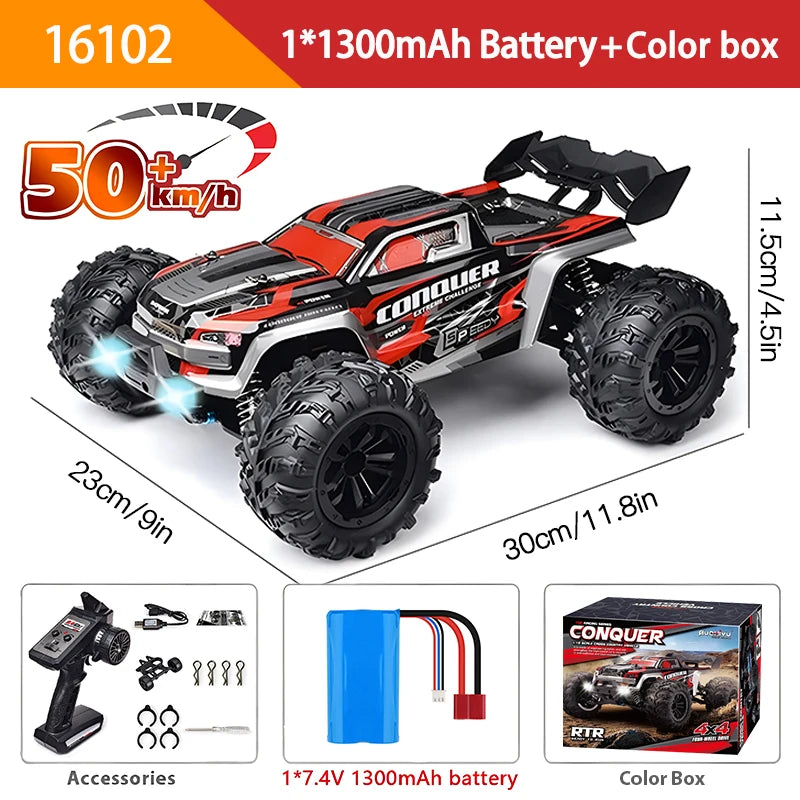 16103 Fast RC Cars – 50km/h 1/16 Off-Road 4WD Monster Truck with LED Headlights, 2.4G Waterproof Remote Control (For Adults & Kids)