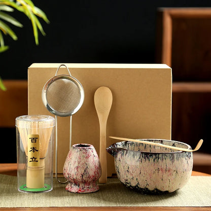 6PCS Japanese Matcha Tea Set – Bamboo Whisk, Teaspoon, Bowl & Whisk Holder for Tea Lovers, Tea-Making Tools