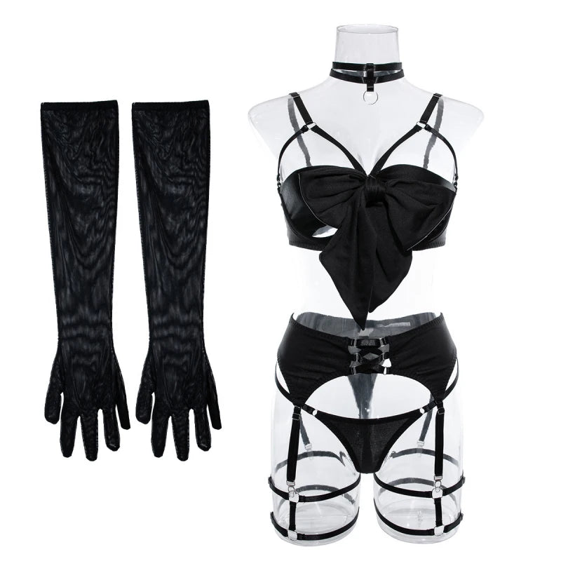 Push-Up Bikini Set - Hollow-Out Three-Piece Swimsuit with Garter Belt & Gloves
