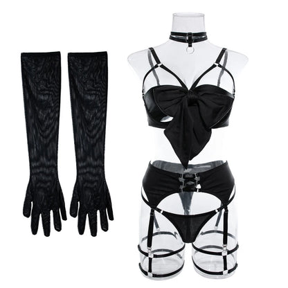 Push-Up Bikini Set - Hollow-Out Three-Piece Swimsuit with Garter Belt & Gloves