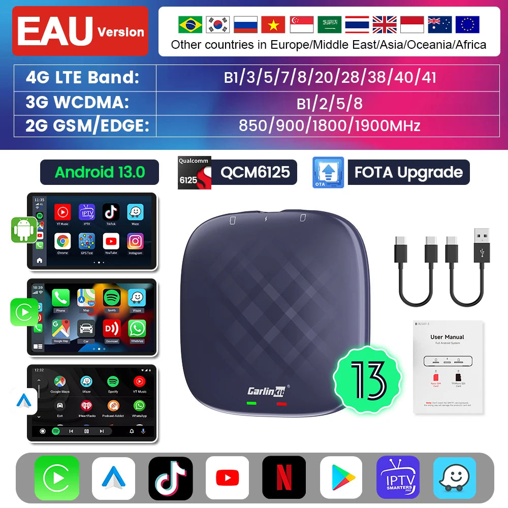 Carlinkit CarPlay AI TV Box Plus — Android 13, 8+128GB, 8-Core QCM6656125, Wireless CarPlay & Android Auto with YouTube, Netflix, 4G LTE