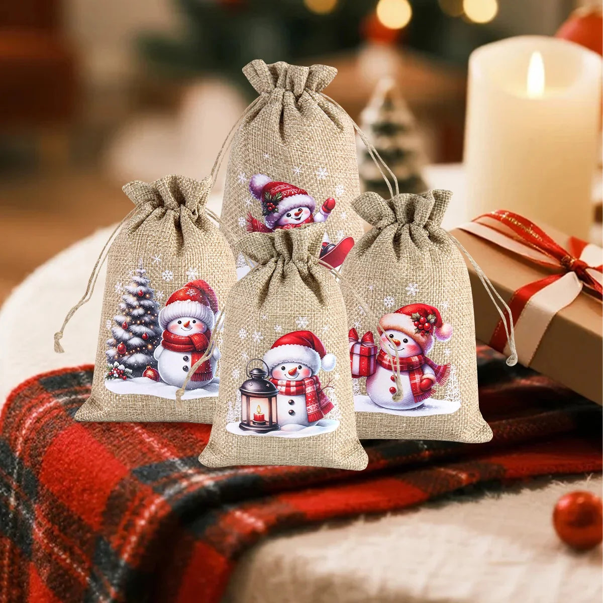 6pcs Christmas Linen Drawstring Gift Bags - Burlap Candy Biscuit Pouches for Holiday Decor & Xmas Gift Packaging