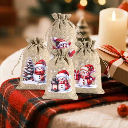 6pcs Christmas Linen Drawstring Gift Bags - Burlap Candy Biscuit Pouches for Holiday Decor & Xmas Gift Packaging