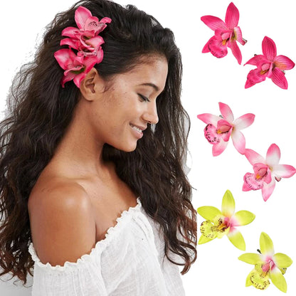 Simulated Orchid Flower Hairpins – White & Pink Hair Clips for Women, Summer Travel Seaside Fashion Headwear