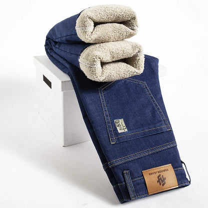 Men’s Winter Lamb Fluff Denim Pants – Fleece-Lined Straight Jeans, Thick High-Waist Slim Stretch Jeans, Big Size 40 Warm Vaqueros