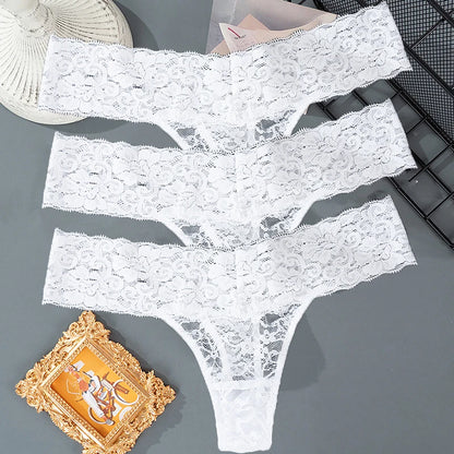 3PCS Lace Floral Women’s Panties - Low Waist Breathable Briefs & Thong, Sexy G-String Transparent Underwear (M-2XL)