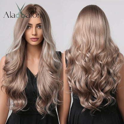 ALAN EATON Black Long Wavy Synthetic Wig – Natural Afro Hair, Middle Part, Heat-Resistant Fiber for Daily Use