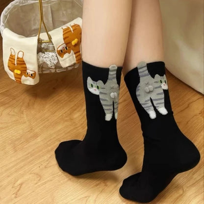 Funny 3D Cat Socks - 4-Piece Set of Quirky Cotton Cartoon Crew Socks for Gifts