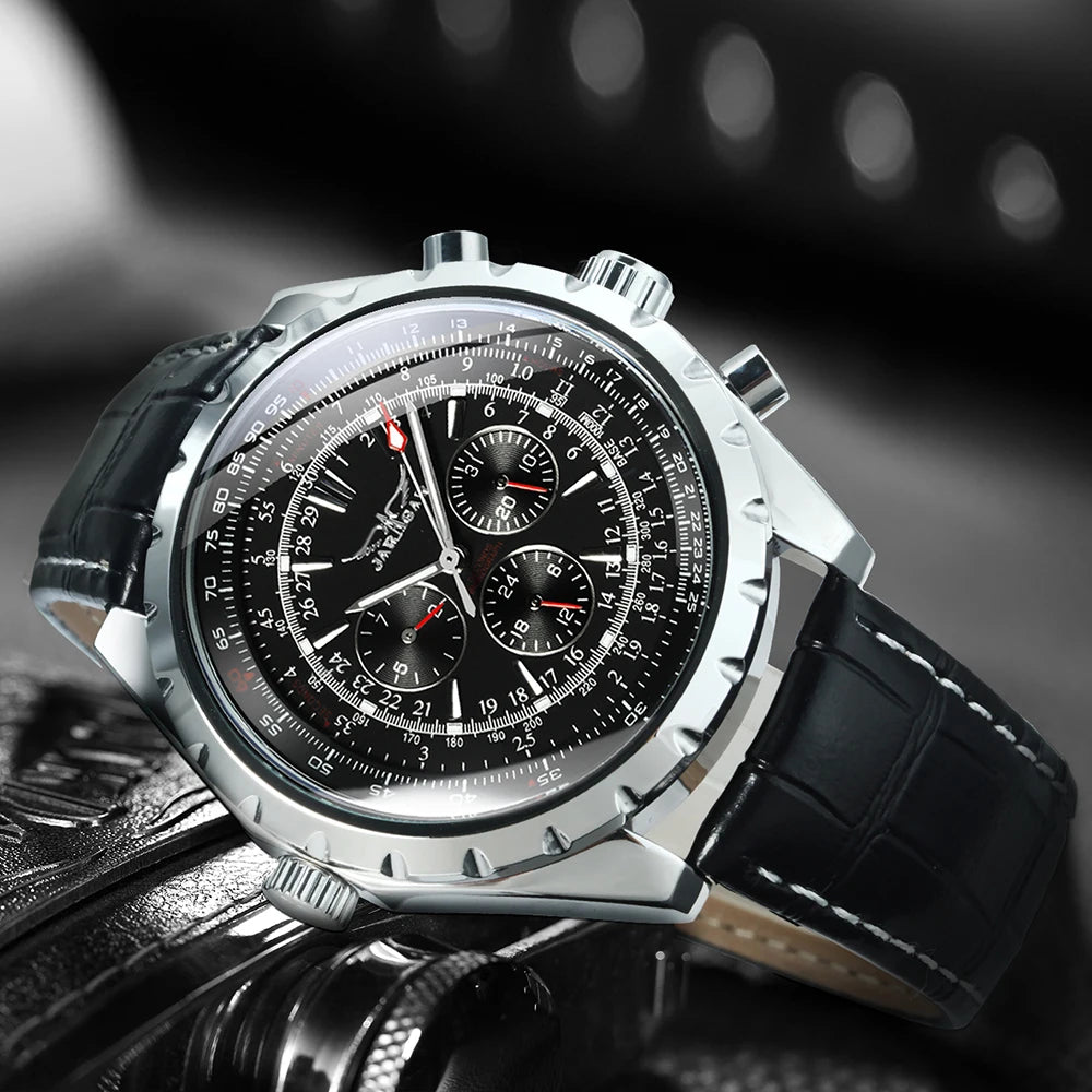 JARAGAR Pilot Mechanical Watch for Men – Multifunctional Small Dials, Leather & Steel Strap, Sports Military Automatic Watch