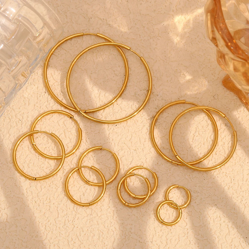 E.B.belle Minimalist Stainless Steel Hoop Earrings — 14K Gold-Plated Small, Medium & Large Loops for Women