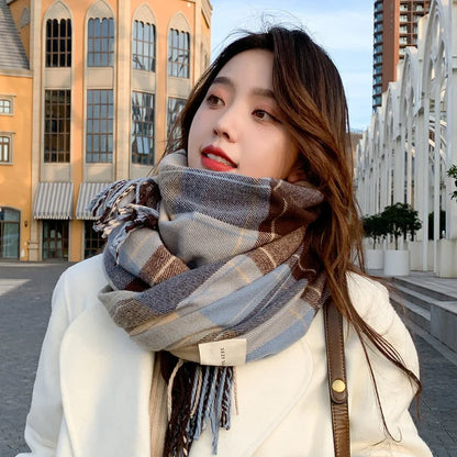 Women's Winter Korean-Style Scarf - British Classic Checkered Thickened Neck Warmer for Students - Unisex Autumn/Winter Accessory