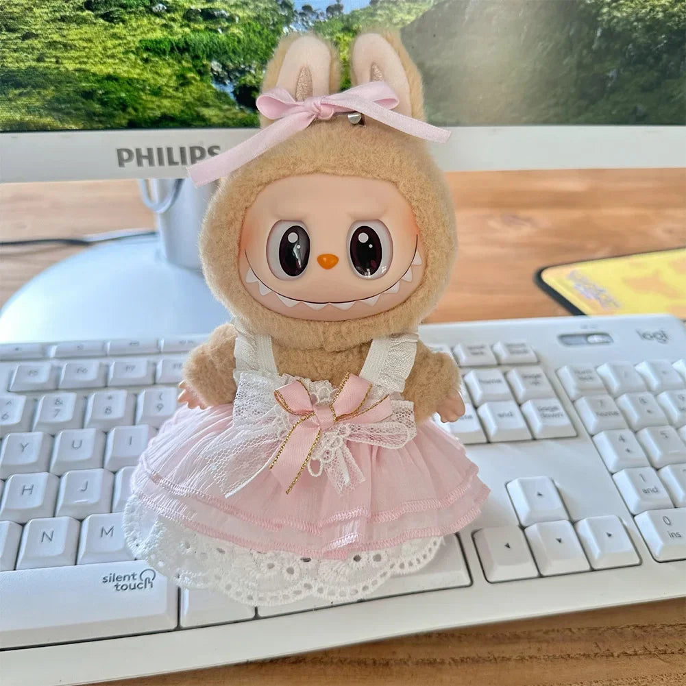 17cm Mini Plush Doll Clothes — Kpop Labubu Idol Outfit with Pink Silk Bow & Princess Gauze Skirt Accessories