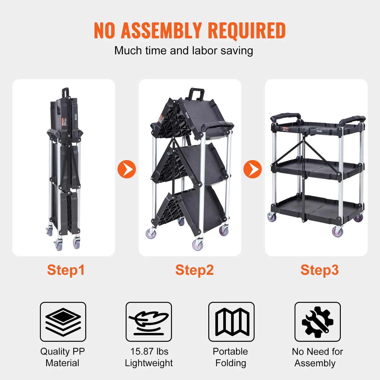 VEVOR 3-Tier Folding Rolling Utility Cart – Slim Storage Shelf & Slide Organizer for Kitchen & Bathroom