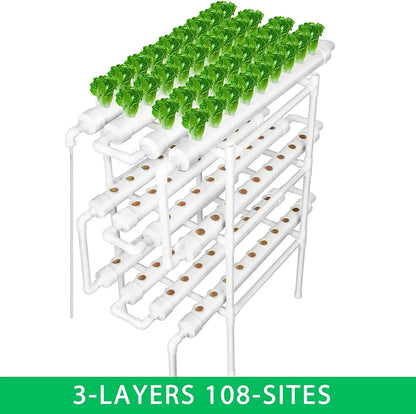 3 Layer Hydroponics Growing System – 108 Sites PVC Pipe Soilless Cultivation Kit for Vegetables & Herbs
