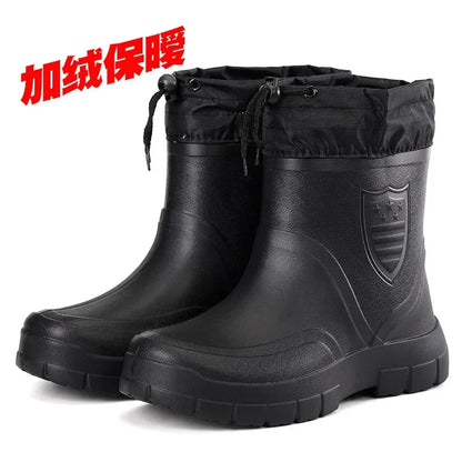 Winter Windproof Cotton Rain Boots for Men, Warm Waterproof Ankle Rain Shoes, Slip-On Fashion Work Boots, 2024