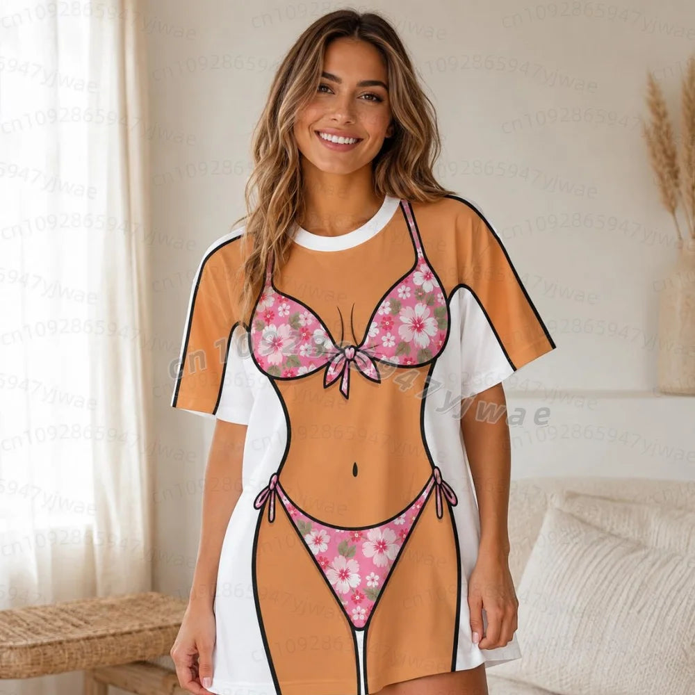 Women's 3D Bikini Print T-Shirt Dress - Casual Short Sleeve Summer Sleep & Home Dress