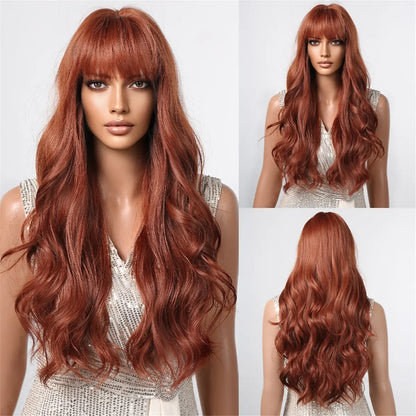 Brown Wavy Long Wig for Women with Bangs — Natural-Look Synthetic Hair, Heat-Resistant for Daily & Cosplay