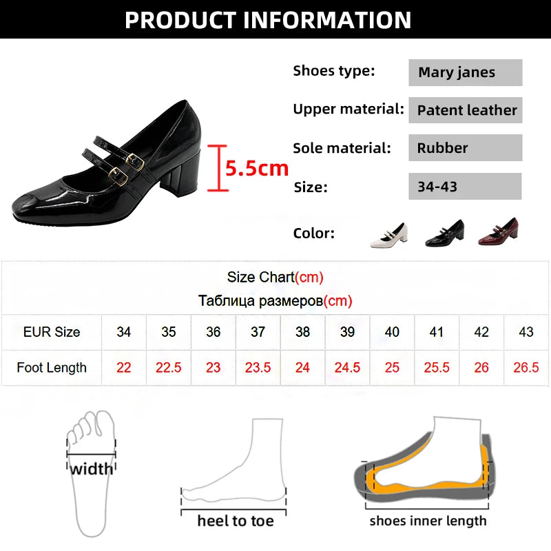 Elegant Women’s Mary Jane Chunky Heels – Square Toe Patent Leather Pumps with Double Ankle Strap