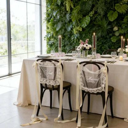 Personalized Just Married Chair Signs - Lace Wedding Chair Banners for Bride & Groom