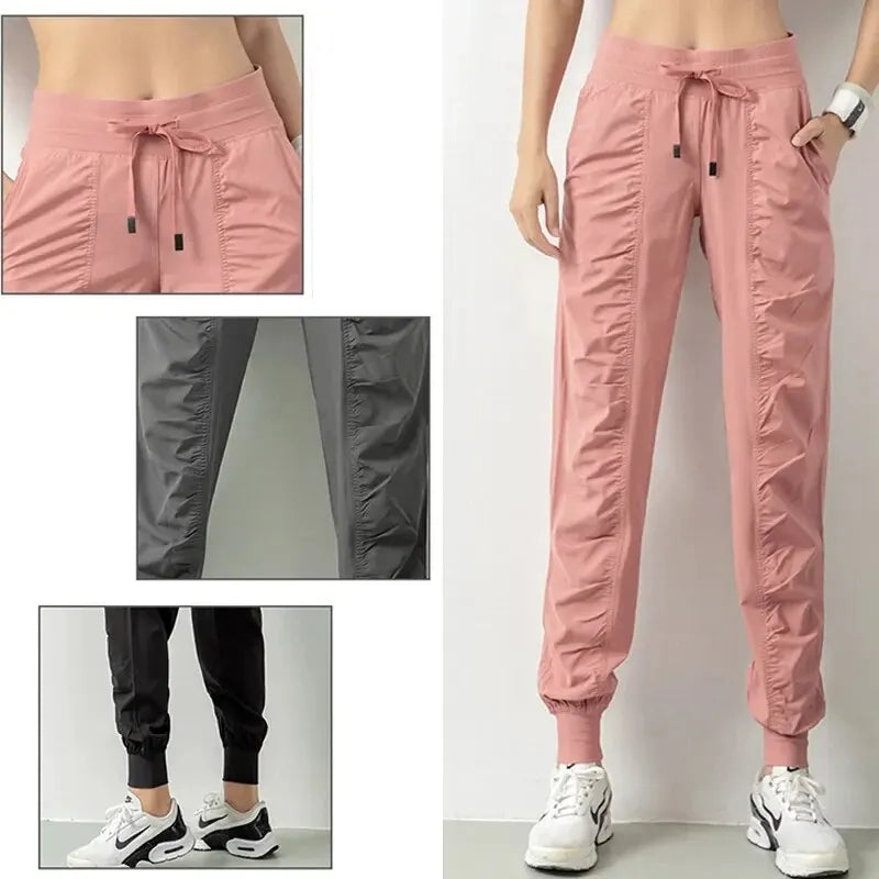 Women’s Fabric Drawstring Joggers – Quick-Dry Athletic Gym Fitness Sweatpants with Side Pockets