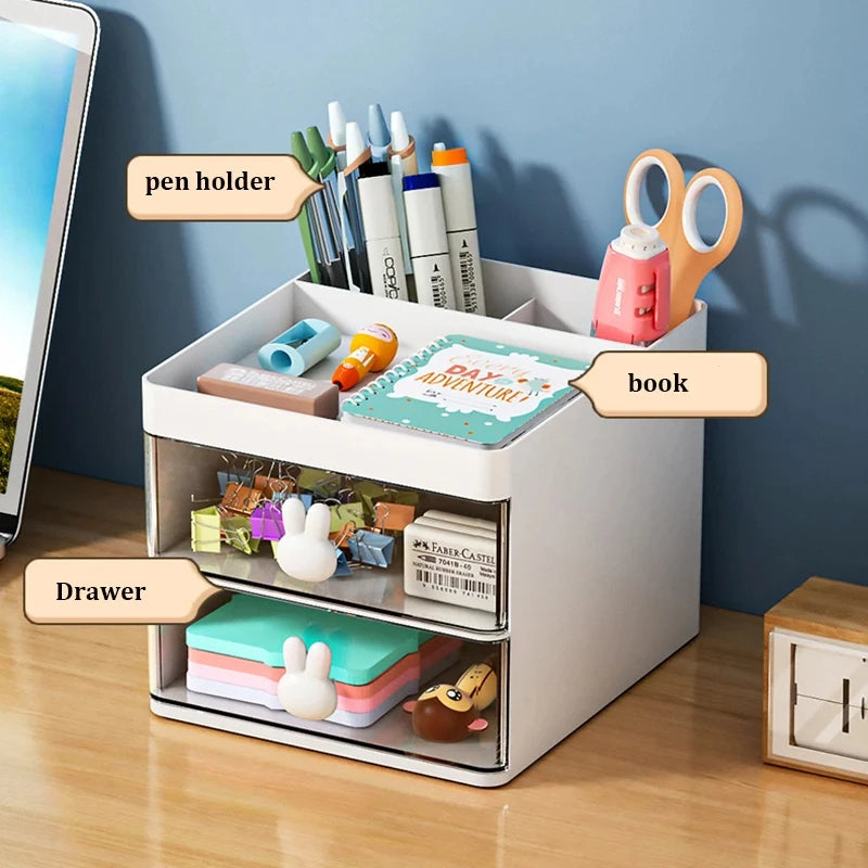Small Desk Organizer with Drawer - Desktop Storage Box for Makeup, Pens, Business Cards, Phone & Stationery