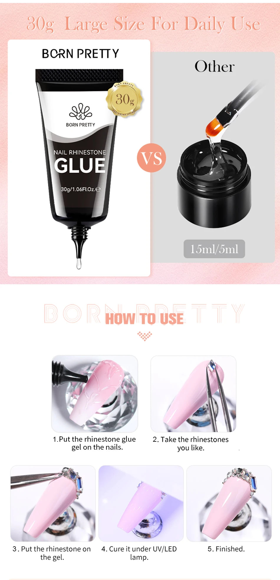 BORN PRETTY 30ML Nail Rhinestone Glue - Gel Adhesive for 3D Nail Charms, Bling Gems & Nail Decoration Supplies