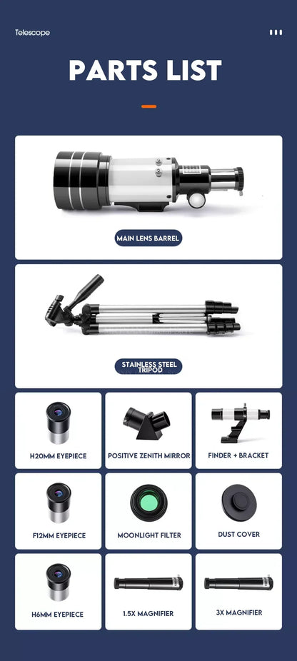 150X Astronomical Telescope – 70mm Refractor Portable Travel Scope with Phone Adapter & Wireless Remote