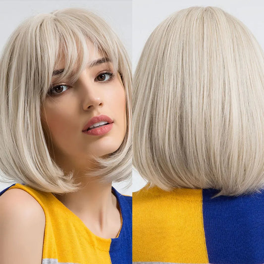 Short Bob Platinum Blonde Wig with Bangs – Synthetic Straight Hair, Heat-Resistant Wig for White Women, Daily & Party Wear