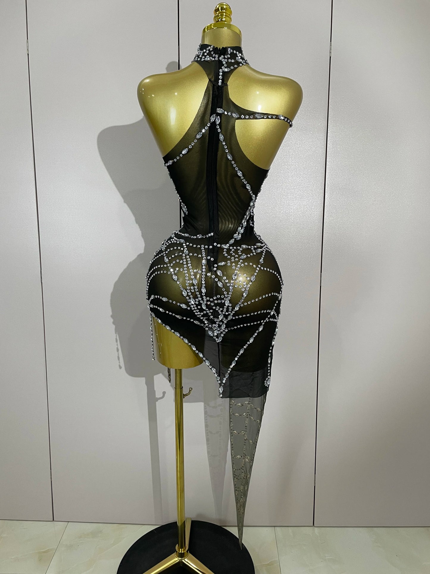 Sparkly Diamond Mesh Asymmetric Bodycon Mini Dress — Sexy Women Nightclub Party Gogo Dancer Stage Costume