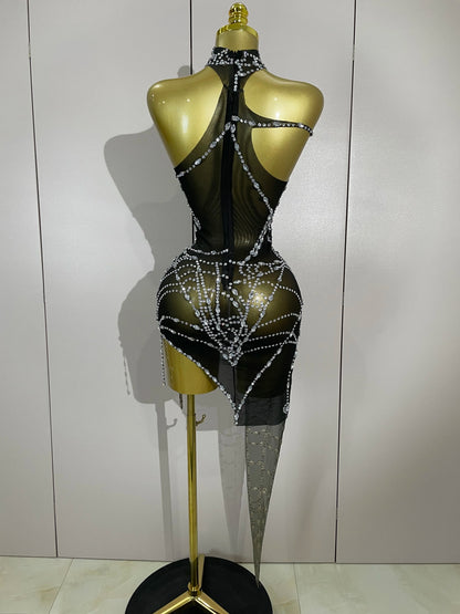 Sparkly Diamond Mesh Asymmetric Bodycon Mini Dress — Sexy Women Nightclub Party Gogo Dancer Stage Costume